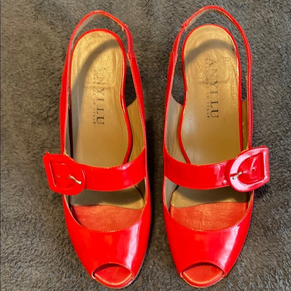 Anyi Lu Red Patent Leather Slingback Heels - Picture 1 of 11